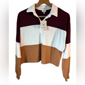 NWT Self Esteem Crop Rugby Long Sleeve Striped Burgundy Prep School Academia XS